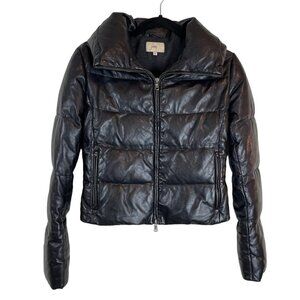 June Leather Full Zip Lined Cropped Puffer Goose Down Jacket Black Size S